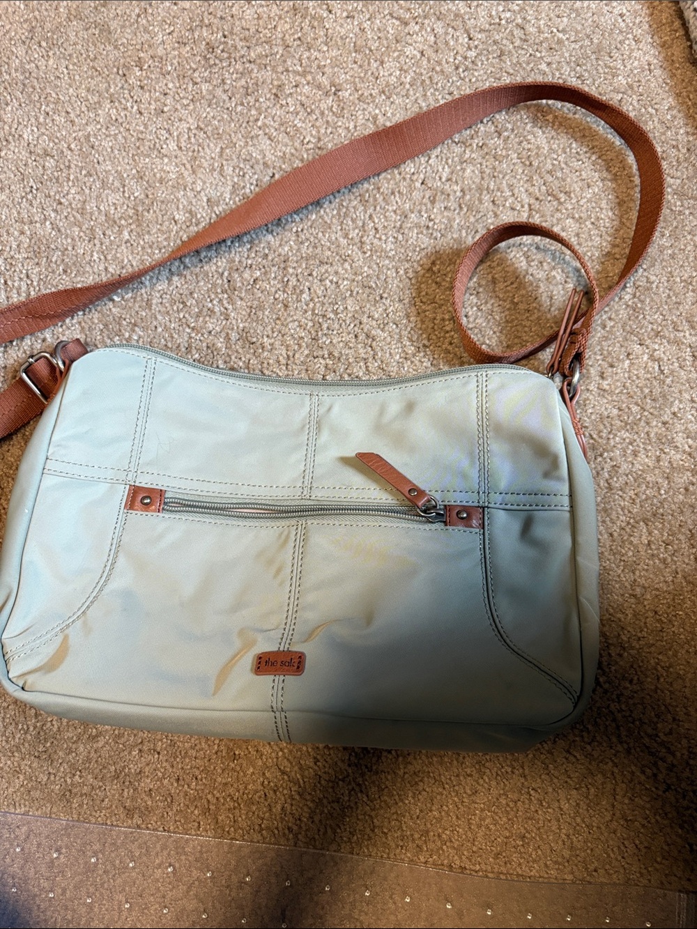 The Sak Mint Green Sage Crossbody Shoulder bag with Brown Strap